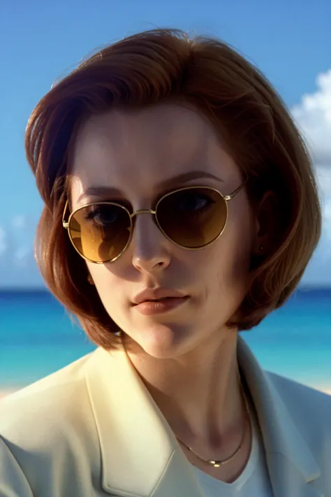 a woman in sunglasses standing on a beach next to the ocean