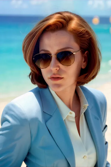 a woman in a blue suit and sunglasses on a beach