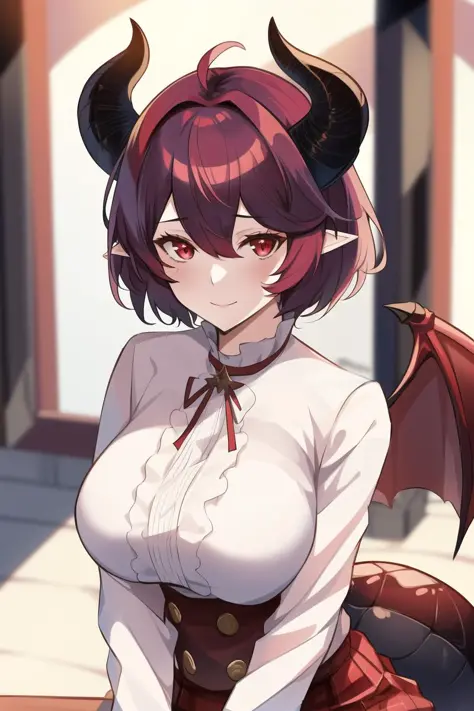 <lora:Grea:.7>, masterpiece, best quality, high quality, 1girl, dragon girl, horns, dragon horns, red eyes, pointy ears, red skirt, schoolgirl, white shirt, red dress, large breasts, wings, dragon wings, tail, dragon tail, thigh highs, dark purple hair, st...