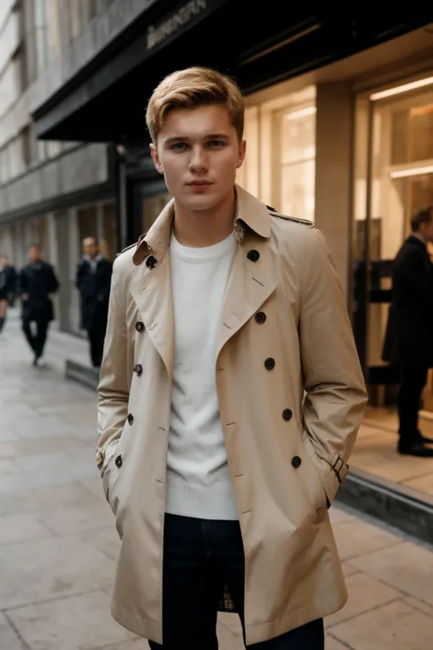 a man in a trench coat standing on a sidewalk in front of a store