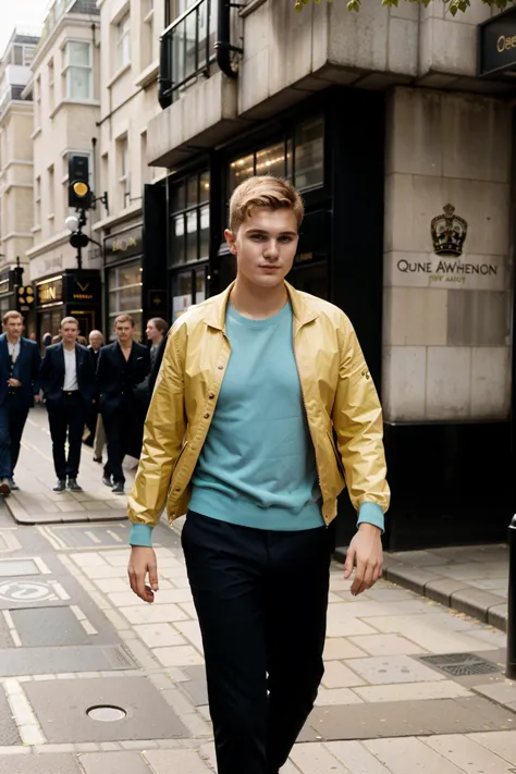 W Photo, photo of man freddie_pearson walking down a london street wearing Vivienne Westwood <lora:Freddie_Pearson-06:1>, brightly lit, natural light, detailed