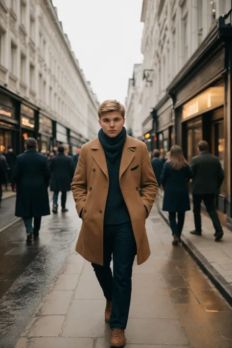 a man in a coat and scarf walking down a street