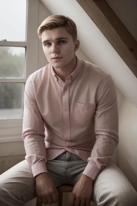 arafed man sitting on a chair in a pink shirt