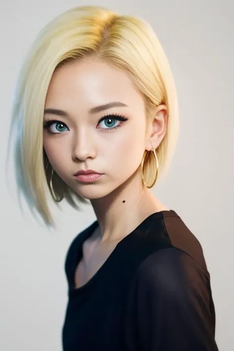 toriyama_akira , , dragon ball, (dragonball z), 1girl, solo, android 18, blonde hair, blue eyes, short hair, simple background, ...