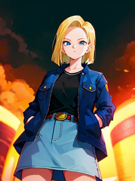 chef-d&#39;œuvre, Meilleure qualité, Détails élevés, ultra-détaillé, une fille extrêmement belle, Toriyama_Akira , Dragon Ball, (Dragon Ball Z), 1fille, seulement, androïde 18, cheveux blond, yeux bleus, Cheveux courts, ceinture, les mains dans les poches, veste, regarder le spectateur, black chemise, pantalon, chemise, jean, bouche fermée, blue veste, manches longues, jean veste, jupe, Vue d&#39;en bas, rue