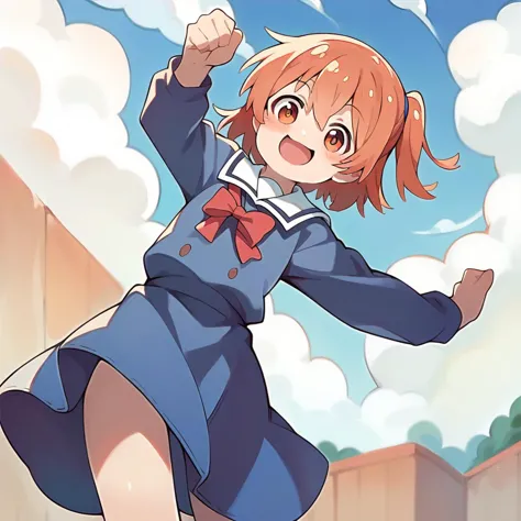 anime girl in uniform jumping in the air with her arms raised