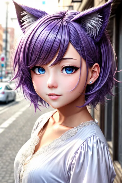 1girl, (masterpice), highres, high detailed, high quality, (solo), 4k, cg, pixiv, (perfect face and eyes), detailed face, dynamic light, intense shadows, intricate_details, cat girl, cat ears, white blouse, short, medium hair, purple hair, street, looking_...