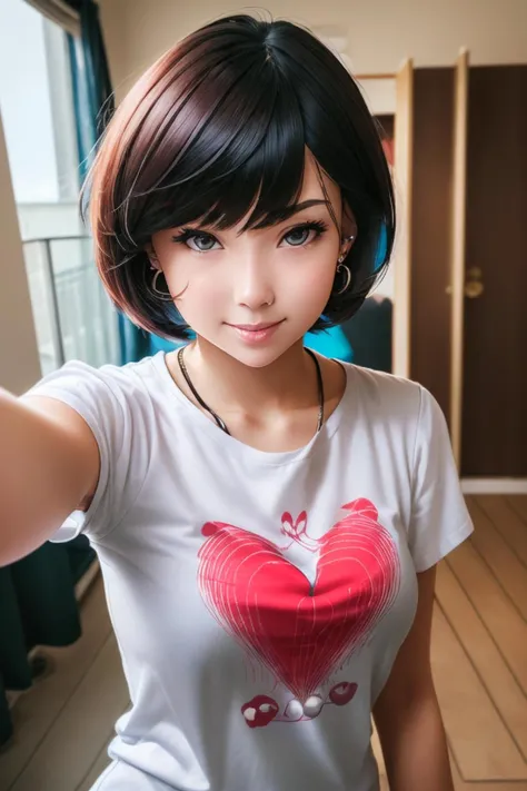 1woman, (masterpice:1.3), highres, high-detailed, high quality, (solo), (4k), (perfect face and eyes), dynamic light, intricate_details, street, short hair, black hair, earrings, collard, bob cut, smile, open mouth, white shirt, (red miniskirt), room, deta...