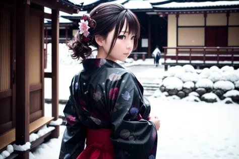 1woman, (masterpice:1.3), highres, high-detailed, high quality, (solo), (4k), dynamic light, intricate_details, perfect face and eyes, <lora:LowRA:0.2>, lowra , <lora:more_details:0.5>, kyoto, snow, yukata, landscape, walking, looking back,