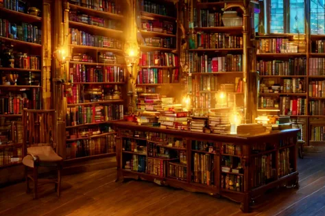 arafed room with a lot of books and a table with candles