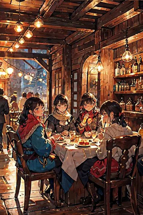 anime characters sitting at a table in a restaurant with a lot of people