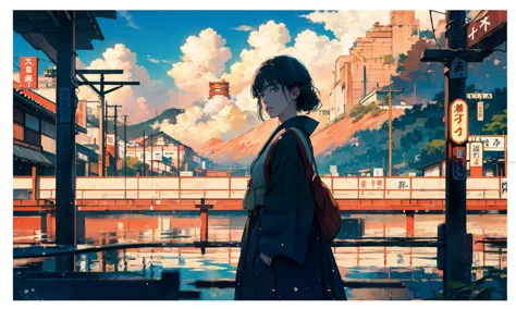 1girl, beautiful, solo, (establishing shot:1.5), (facing viewer:1.5), in a train station, ((japan)), melancholy, sense of loneli...