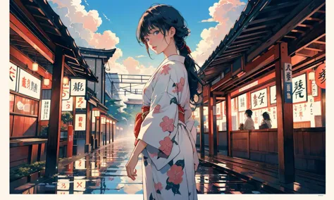 1girl, beautiful, solo, weaing yukata, (establishing shot:1.5), (facing viewer:1.5), in a train station, long flowing hair, ((mo...