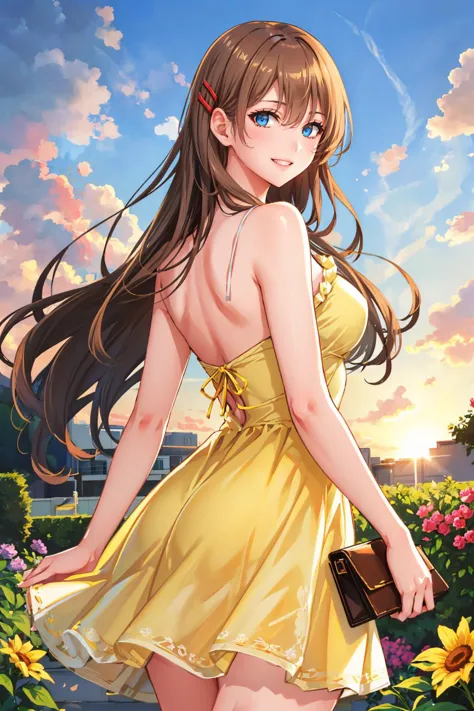 masterpiece, best quality,  <lora:hiiragiasuka-nvwls-v1-000009:0.9> hiiragi asuka, hairpin, yellow sundress, from behind, lookin...