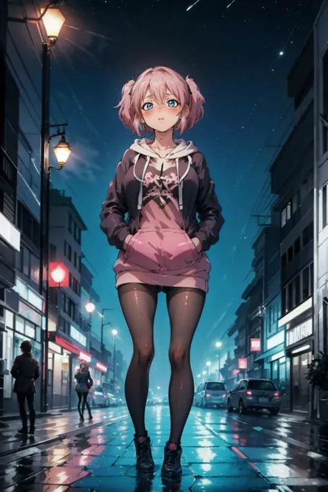 a woman in a short skirt and jacket standing on a city street