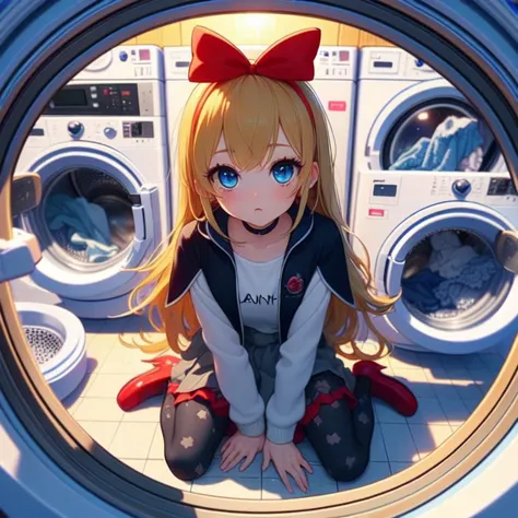 (masterpiece, best quality, detailed:1.5),  <lora:girllikewashingmachine:1> (washing machine, laundry, putting clothes, fisheye lens:1.3), (regina:1.3) <lora:locon_regina_01:1>, (red ribbon, hair ribbon, blue eyes), blonde hair, long hair, grey skirt, pantyhose, animal print, vest, long sleeves, black capelet, arm warmers, choker, fur, high heels