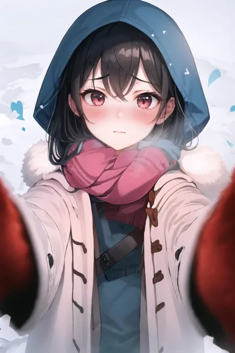 1girl, IncrsChkWarmingMeme, red scarf, pov, shy, blush, closed mouth, <lora:PovCheekWarmingMeme:1>, Menherachan, hood up, <lora:...