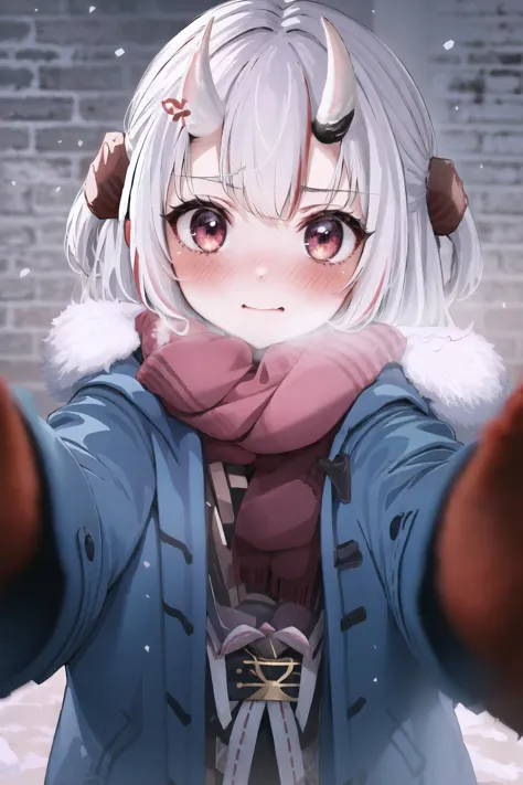 1girl, IncrsChkWarmingMeme, red scarf, pov, shy, blush, closed mouth, <lora:PovCheekWarmingMeme:1>, Nakiri Ayame, <lora:Char_VTuber_NakiriAyame:1>, horns,