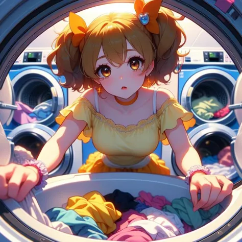(masterpiece, best quality, detailed:1.5),  <lora:girllikewashingmachine:1> (washing machine, laundry, putting clothes, fisheye ...