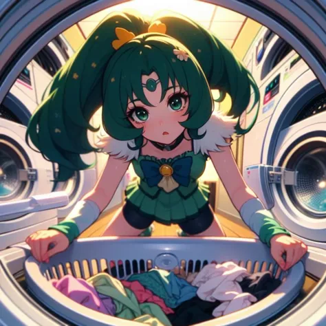 (masterpiece, best quality, detailed:1.5),  <lora:girllikewashingmachine:1> (washing machine, laundry, putting clothes, fisheye lens:1.3), (cure march:1.3) <lora:locon_cure_march_1:1.0>, bowtie, high ponytail, arm warmers, feather hair ornament, green boots, shorts under skirt, green shorts