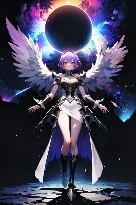 (split, heaven and hell:1.4), cavern, clouds, (multicolored background, multicolored lights, magic, black hole), 1girl, solo, standing, full body, armored dress, white dress, purple hair, smug, short hair