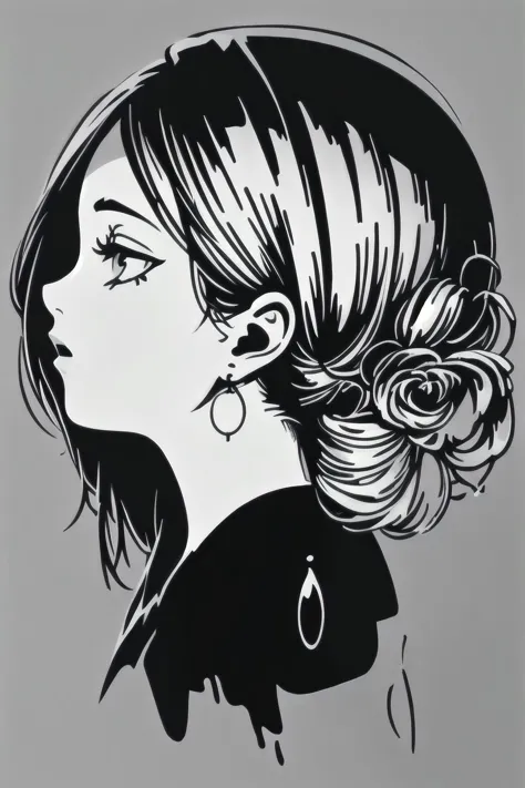 a black and white drawing of a woman with a flower in her hair