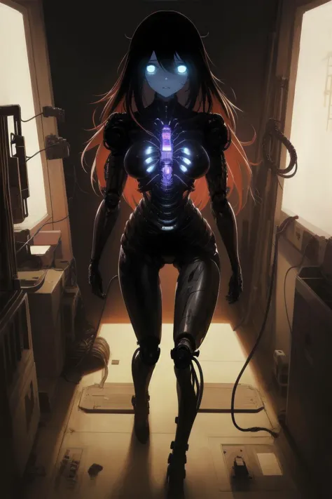 a woman in a black suit standing in a room with a light on her chest