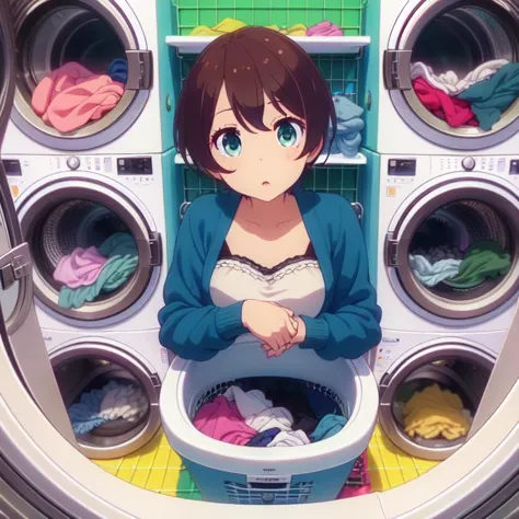 anime girl sitting in front of a washing machine with clothes in it