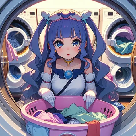 anime girl in a laundry basket with clothes in front of a washing machine