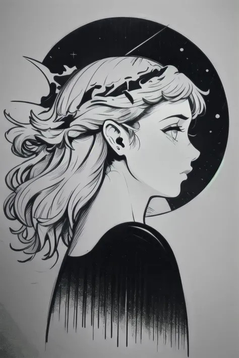 (masterpiece, best quality), BlackworkStyleManityro, <lora:BlackworkStyle_V1-Manityro-AdamW:1.0>, greyscale, monochrome, 1girl, from side, profile, moon, starry sky