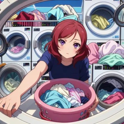 (obra de arte, melhor qualidade, detalhado:1.5),  (máquina de lavar, Lavanderia, colocando roupas, lente olho de peixe:1.3), (Maki Nishikino:1.3) 