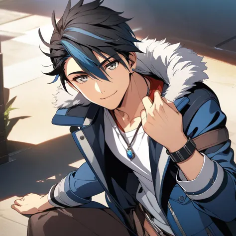 anime boy with blue hair and black jacket sitting on the ground