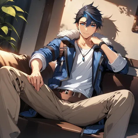 anime guy sitting on a bench with his hand on his chin