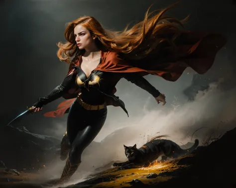 a woman in a red cape and black outfit holding a sword