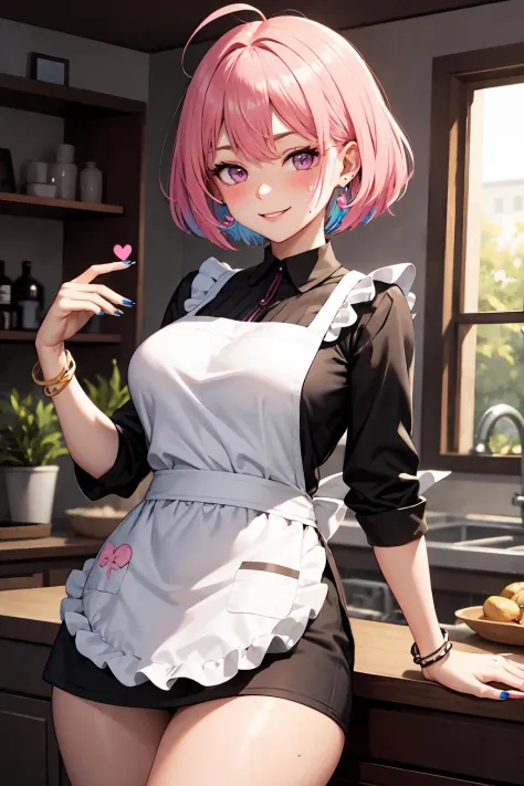 (masterpiece, best quality:1.2), (good anatomy, good hand:1.2), high detail, 1girl, ahoge, apron, bangle, bangs, blue_hair, blush, bracelet, breasts, collar, earrings, eyebrows_visible_through_hair, frills,  hair_intakes, heart, jewelry, large_breasts, multicolored_hair, nail_polish, pill_earrings, pink_eyes, pink_hair, pink_nails, ring, short_hair, smile, solo, sweat, thick_thighs, thighs, two-tone_hair,