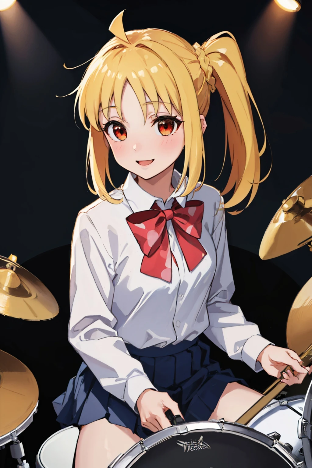 Anime girl with long blonde hair playing drums in front of a stage - SeaArt  AI