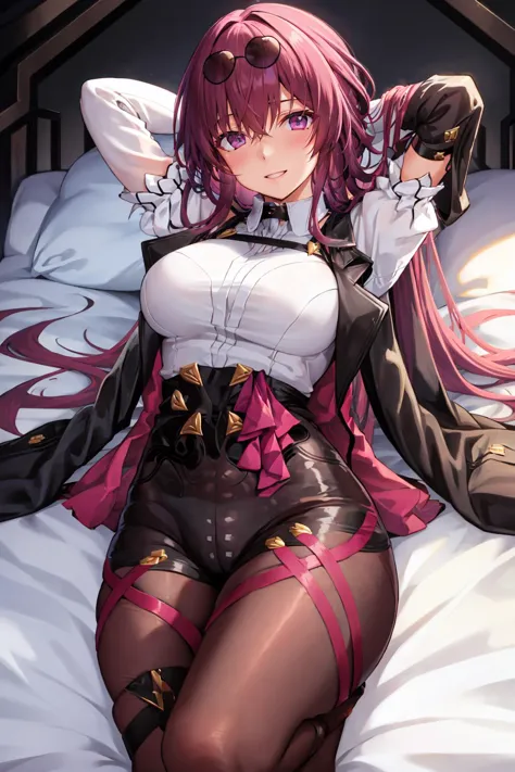 anime girl in a corset laying on a bed with a sword