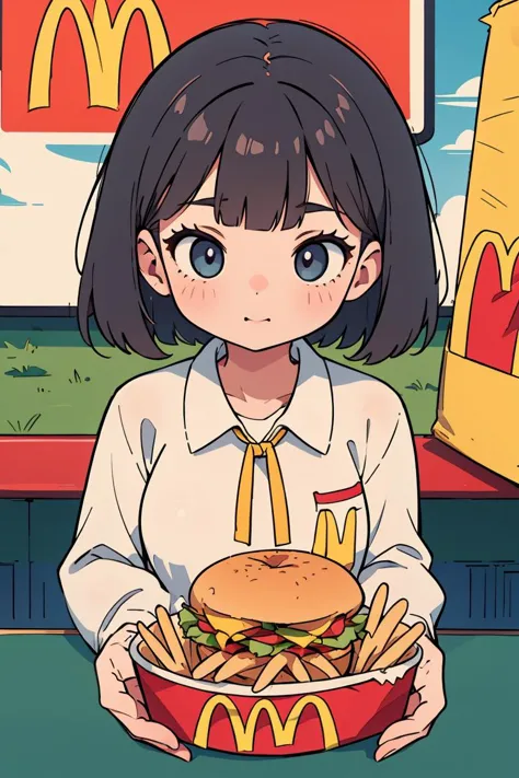 a girl holding a hamburger and fries in front of a mcdonald sign