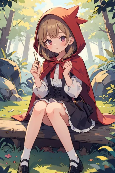 a woman sitting on a bench in a forest with a red cape