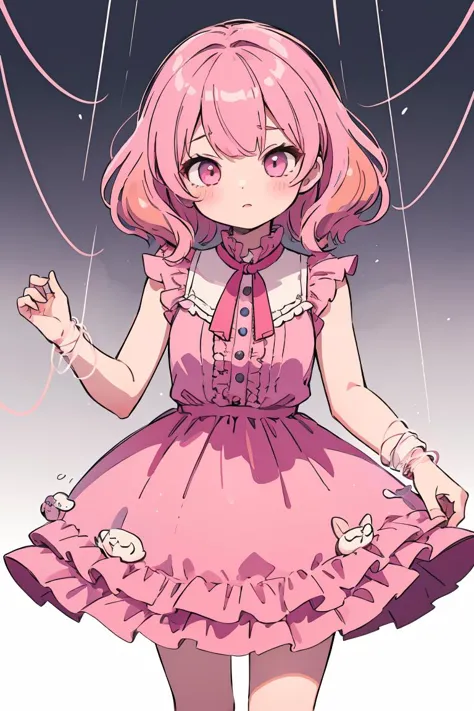 (masterpiece, best quality), 1girl,    <lora:string-wasabiya:1> suspstring, pink hair, frilled dress,