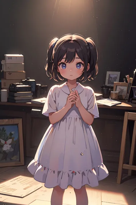 anime girl in a dress standing in front of a desk