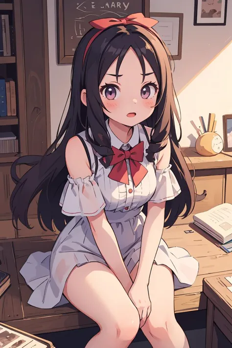 anime girl sitting on a desk with a book and a book case