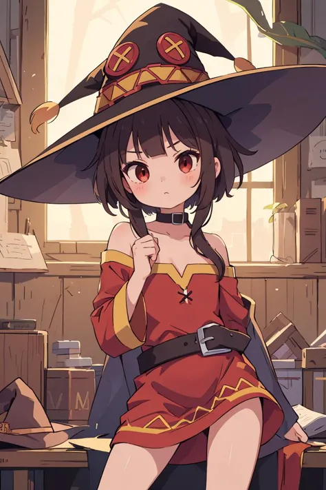 (masterpiece, best quality), 1girl,   <lora:megumin:1> megumin, short hair, dress, red dress, hat, witch hat, belt