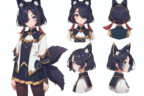 (masterpiece, best quality),  intricate details,
<lora:AhriCoven:0.8> IncrsAhriCoven, facial mark, hair over one eye, fox tail, multiple tails, pantyhose, boots
  reference sheet, simple background, 
 <lora:TailsFixer:1> IncrsTailsFixer, fox tail,  multiple tails