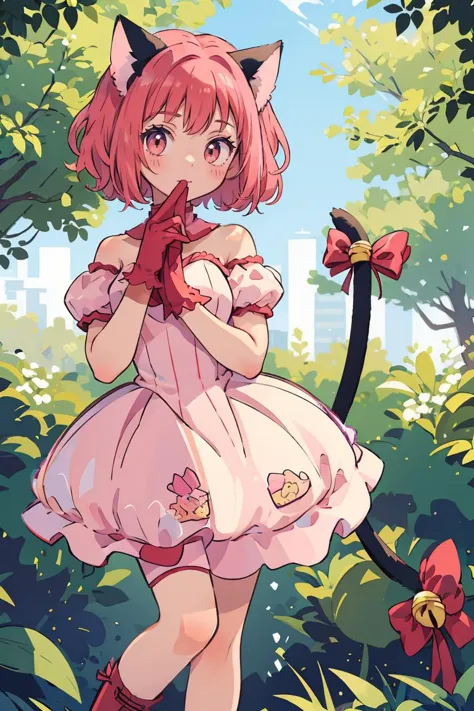 a girl in a pink dress and cat ears holding a red bow