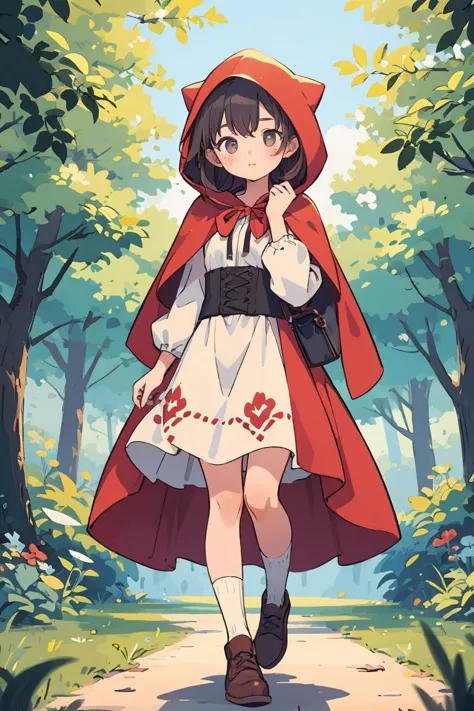 a cartoon girl in a red hoodie walking down a path