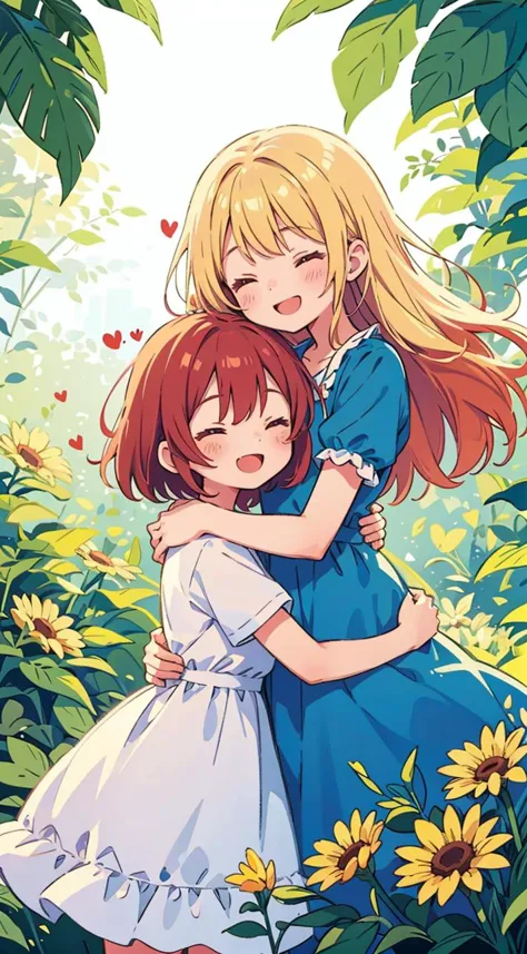 2girls hugging, summer dress, blonde hair, red hair, closed eyes, smiling, sun rays, hearts, (masterpiece, best quality)