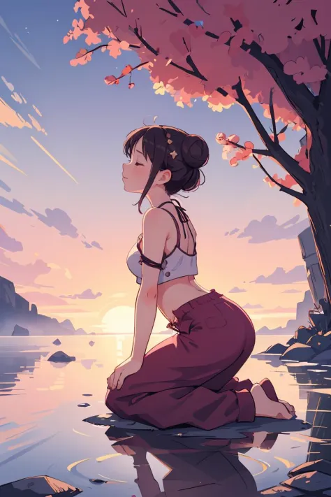 (masterpiece, best quality), 1girl, Rose Messy Double Buns, Size D breasts, Plum Ruched sweetheart neckline crop top with a back zipper. and Palazzo pants, kneehighs, Kneeling on the ground, hands clasped in prayer, expressing a moment of gratitude and reflection.