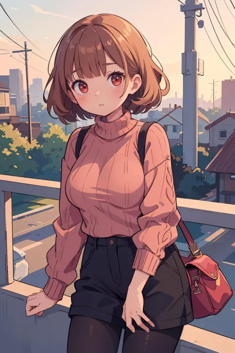 (masterpiece, best quality), 1girl, Raspberry Curly Bob with Side Part, Size G breasts, Rose Brown Peplum sweater and Cargo pants, pantyhose, Leaning against a railing, gazing into the distance.