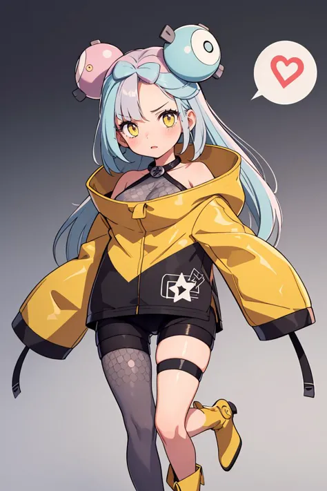 a cartoon girl with a yellow jacket and black shorts